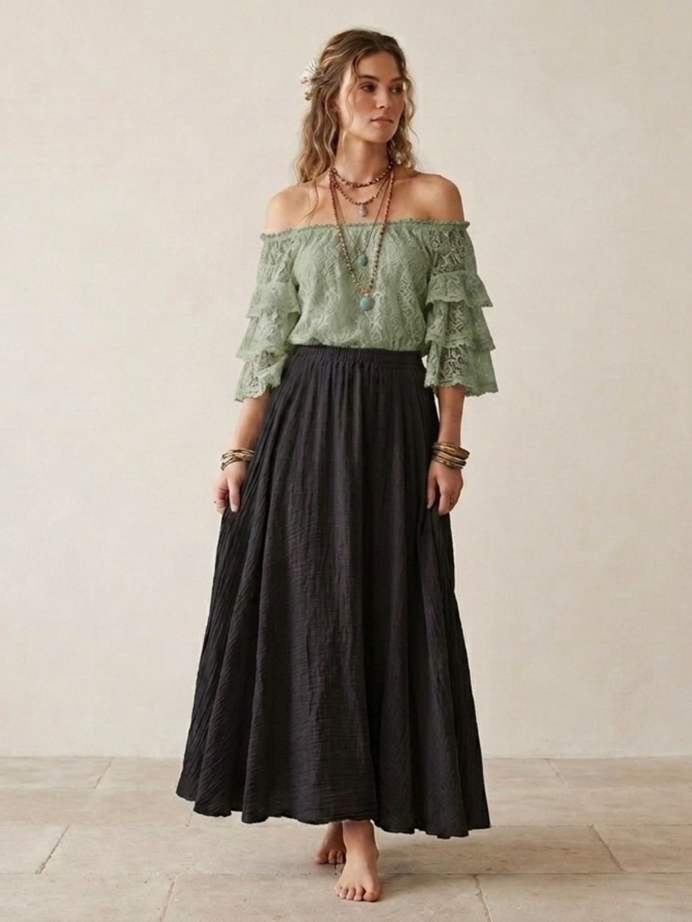 *Flawed* OCHENTA 100% Cotton Gauze Crinkle Flared Maxi Peasant Skirt Black M/L